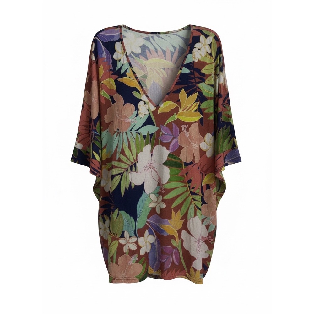 Citrus Tropical Floral V-Neck Tunic Top Kimono Sleeve Multicolor NWT XS CT2BA52